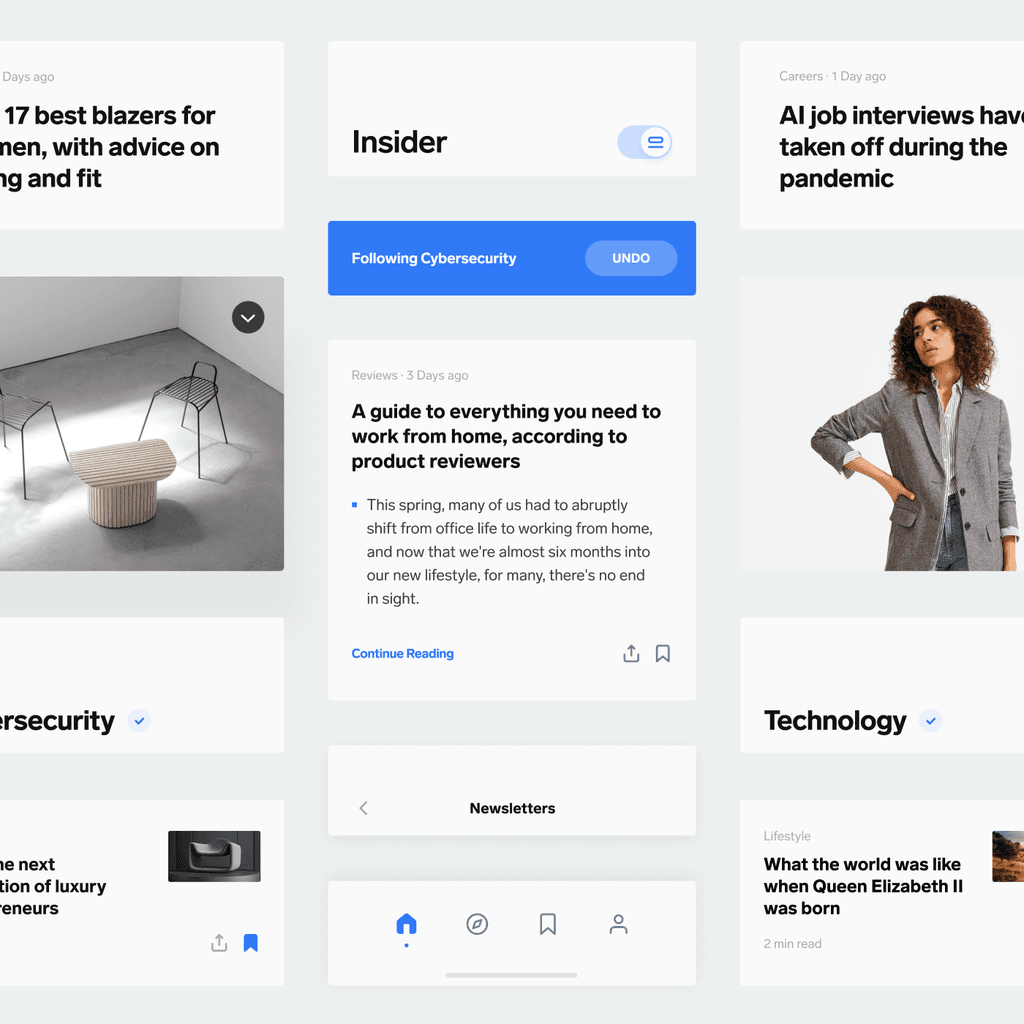 Insider news app redesign with article cards and topic feed, product design by Michael Novia at Instrument