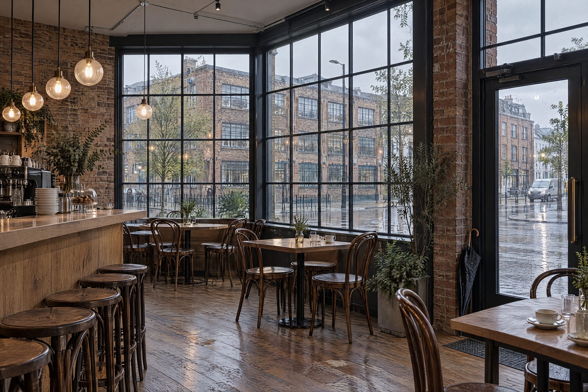 Inside the corner cafe at Stonebridge Works, steel windows looking out onto the wet street