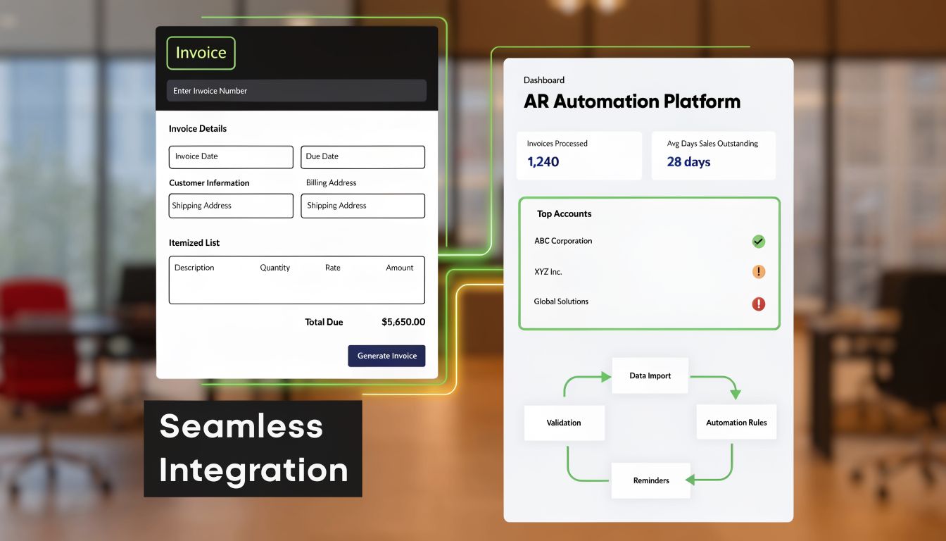A digital interface showcasing an automated invoice template alongside an AR automation dashboard and integration workflow process.