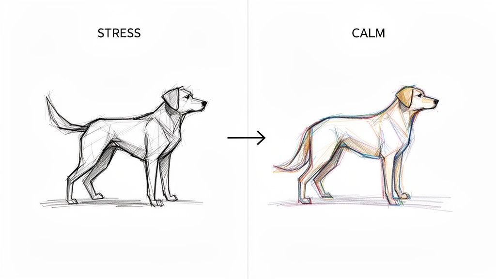 Two dog sketches side-by-side, illustrating a transition from a 'stress' pose to a 'calm' pose.