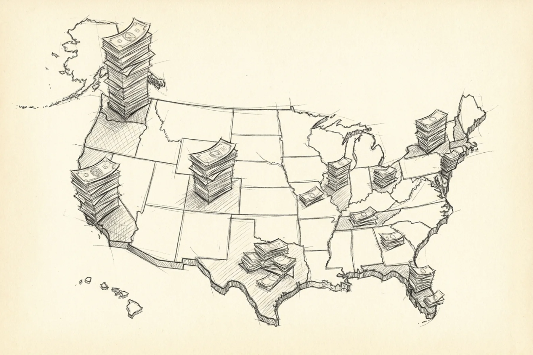 HVAC technician salary map showing hand-drawn United States with stacked money bills of varying heights emerging from different states, illustrating wage disparities across geographic regions