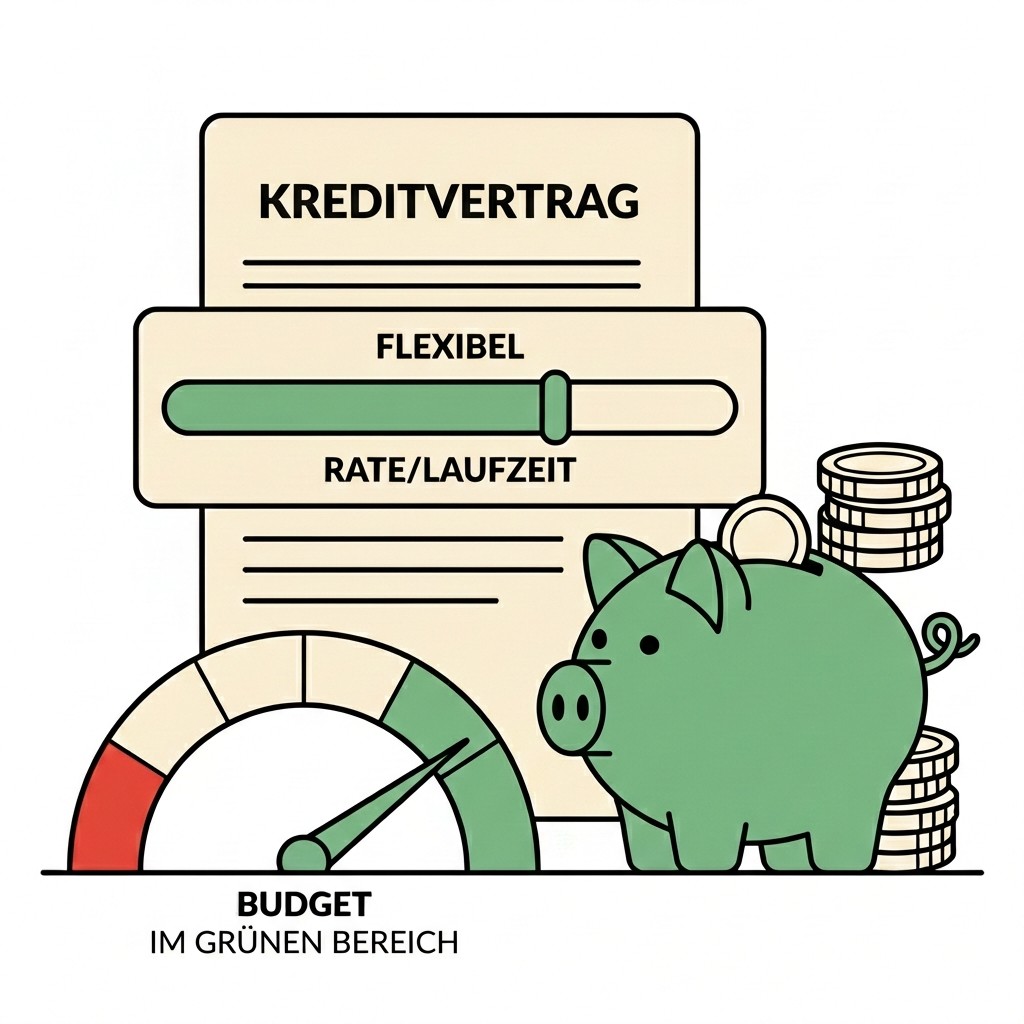 Grafik: Kreditvertrag mit Regler für flexible Rate/Laufzeit, Sparschwein und Budget-Anzeige im grünen Bereich.
