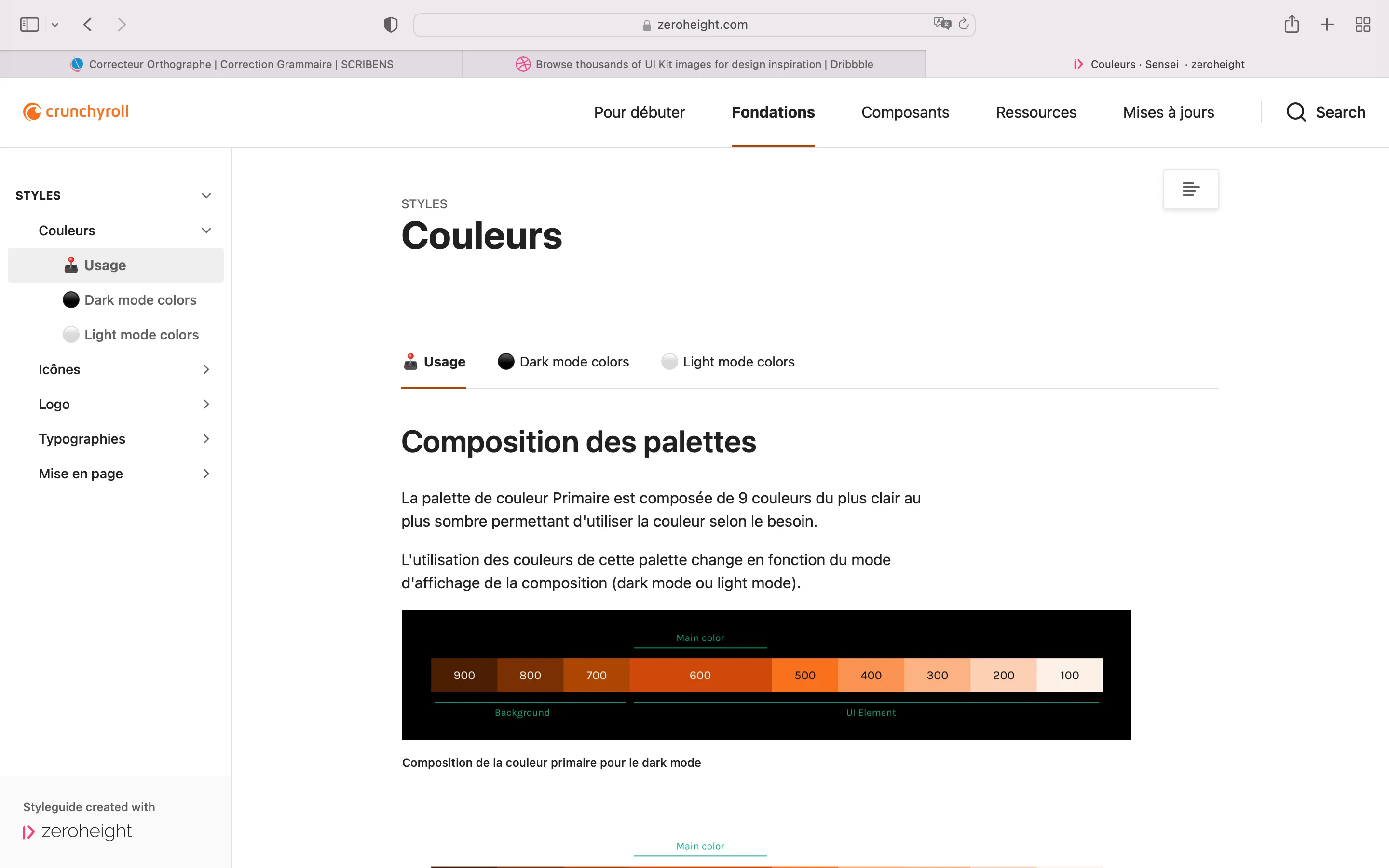 Page présentant les fondations du design system, avec l'exemple de l'utilisation des couleurs de Crunchyroll