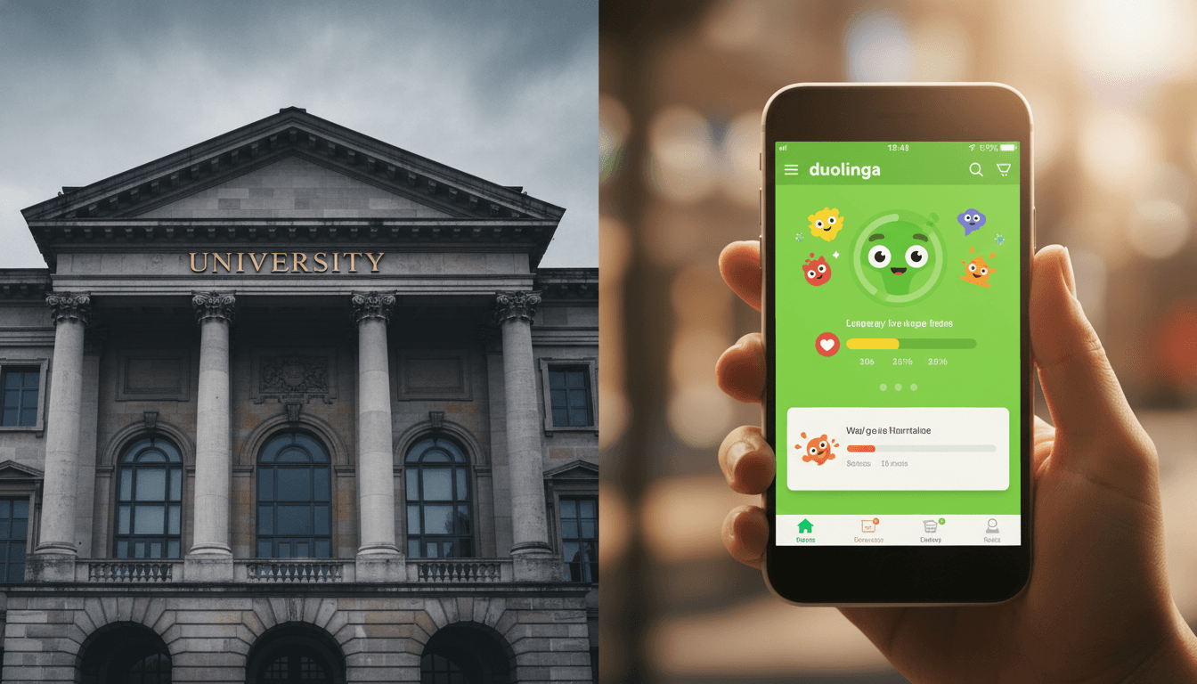 Split-screen image comparing a prestigious university building, symbolizing traditional academic credentials, with a bright, playful smartphone app interface, representing engagement-driven brand value; formal muted lighting emphasizes legacy prestige while warm energetic tones highlight modern digital interaction.