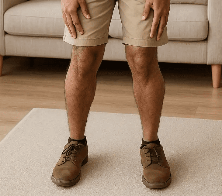Man standing with inward knee alignment while holding his legs in discomfort, visually indicating knock-knees