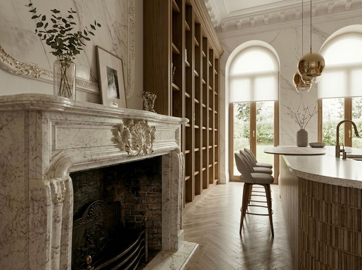 Outdoor corridor with brick arch windows, stucco grid wall, wooden pergola, and dramatic sunlight shadows.