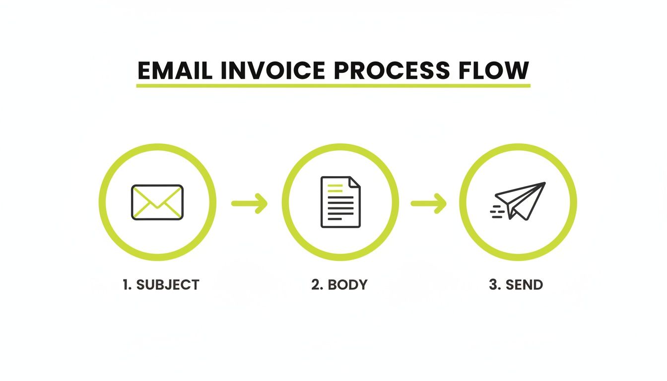 Email invoice process flow diagram showing three steps: subject (envelope), body (document), and send (paper airplane).