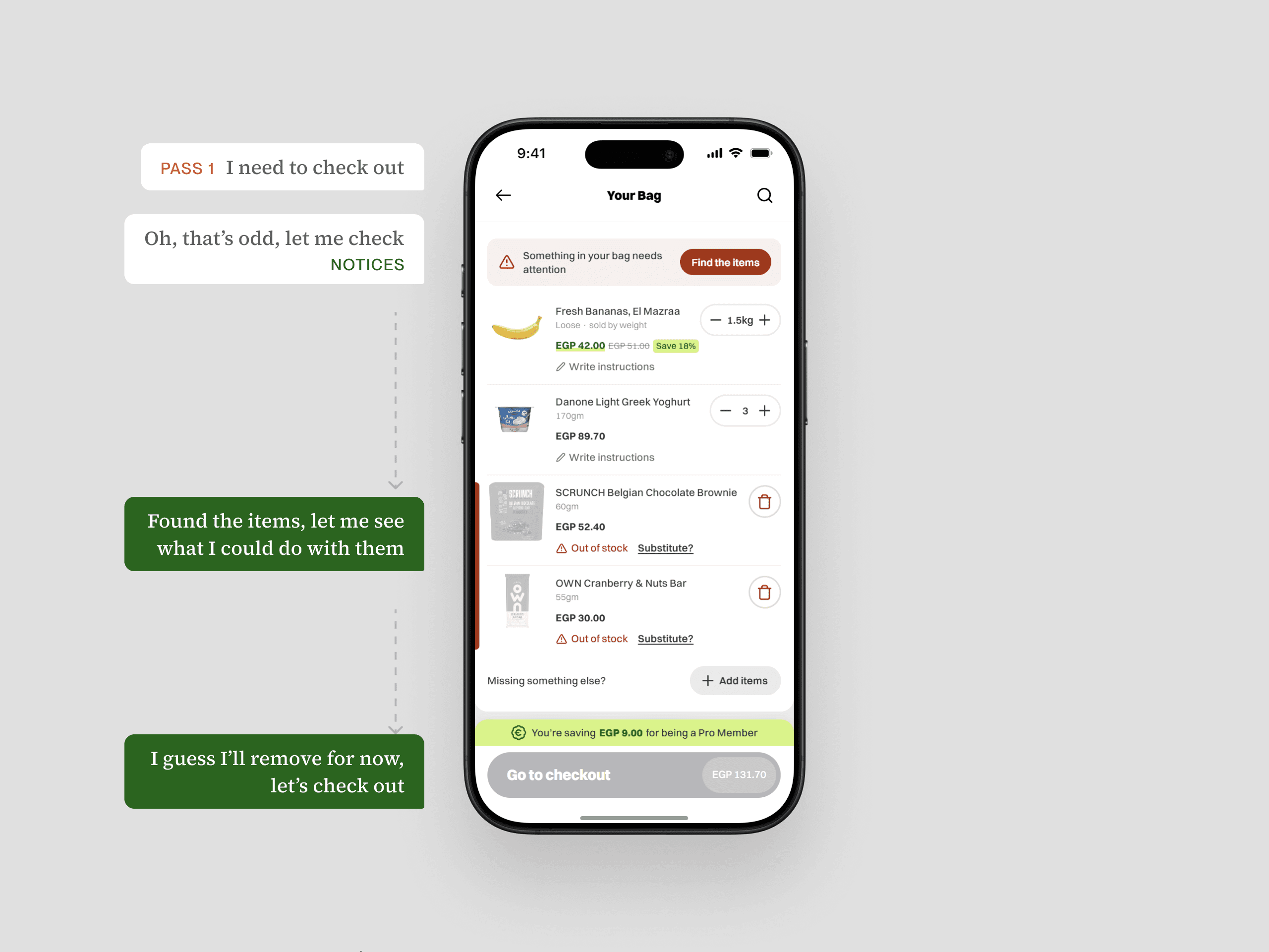 The cart with a red "Something in your bag needs attention" banner and a "Find the items" button at the top. The out-of-stock items are grouped at the bottom behind a red bar running down the edge of the screen, each marked with a warning icon.