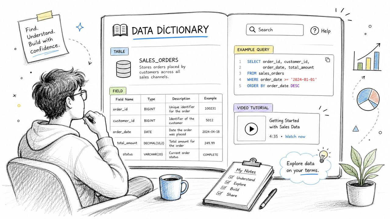 A person reviewing a data dictionary document outlining schema details for a sales orders database table.