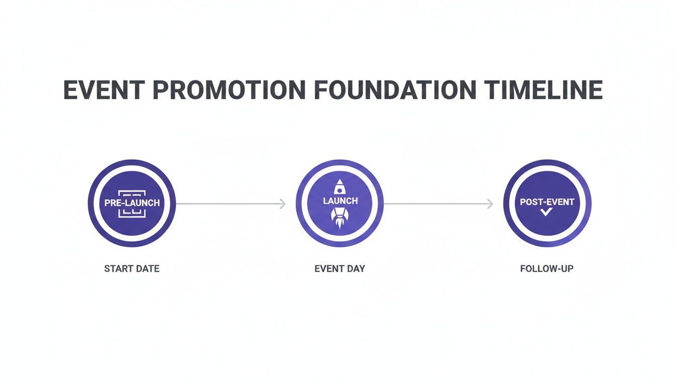 An event promotion timeline showing pre-launch, launch, and post-event phases with corresponding dates.