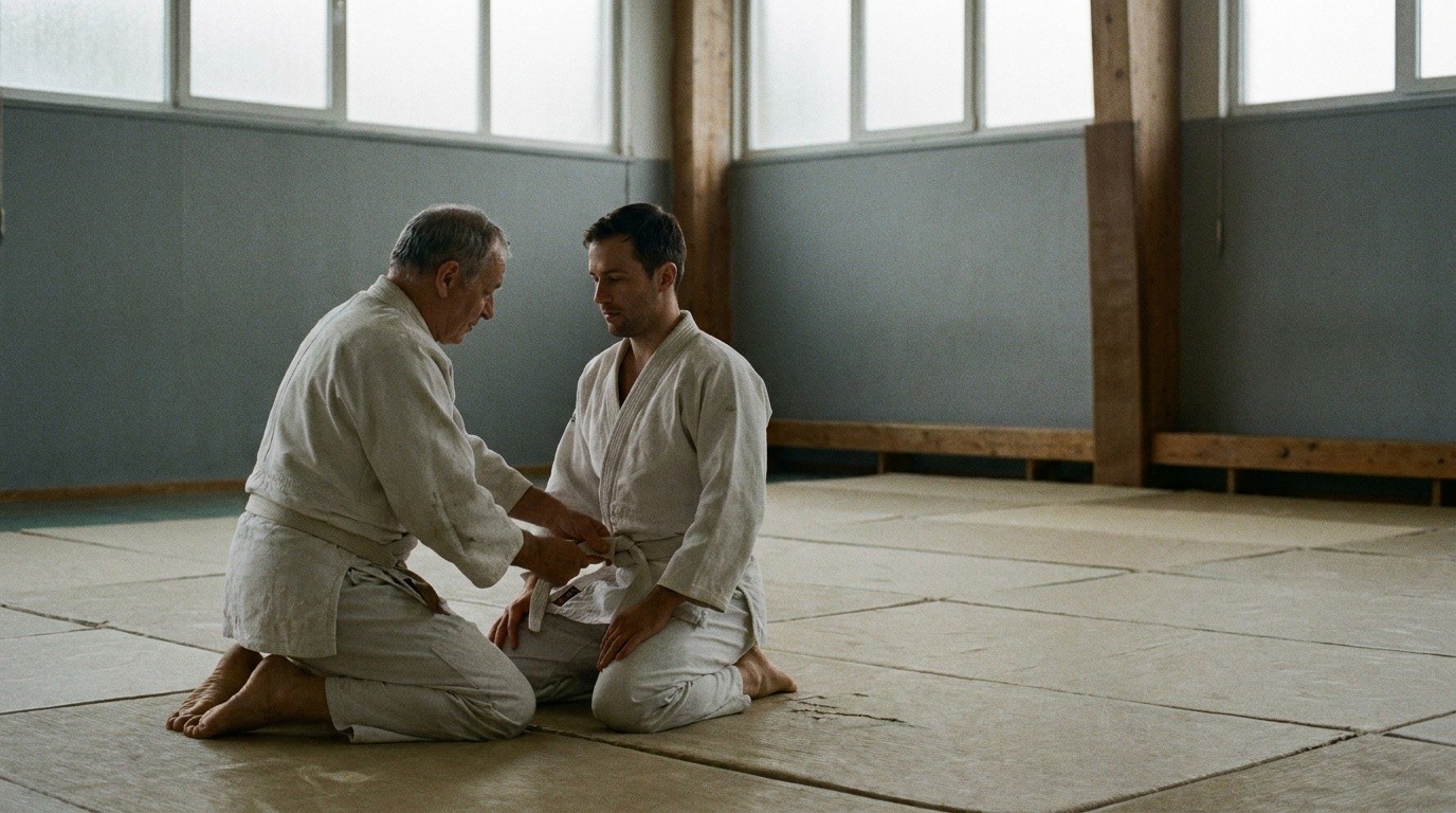 A martial arts instructor kneeling to retie an adult student's belt in an empty training hall, evoking peak class hours when the studio phone rings unanswered