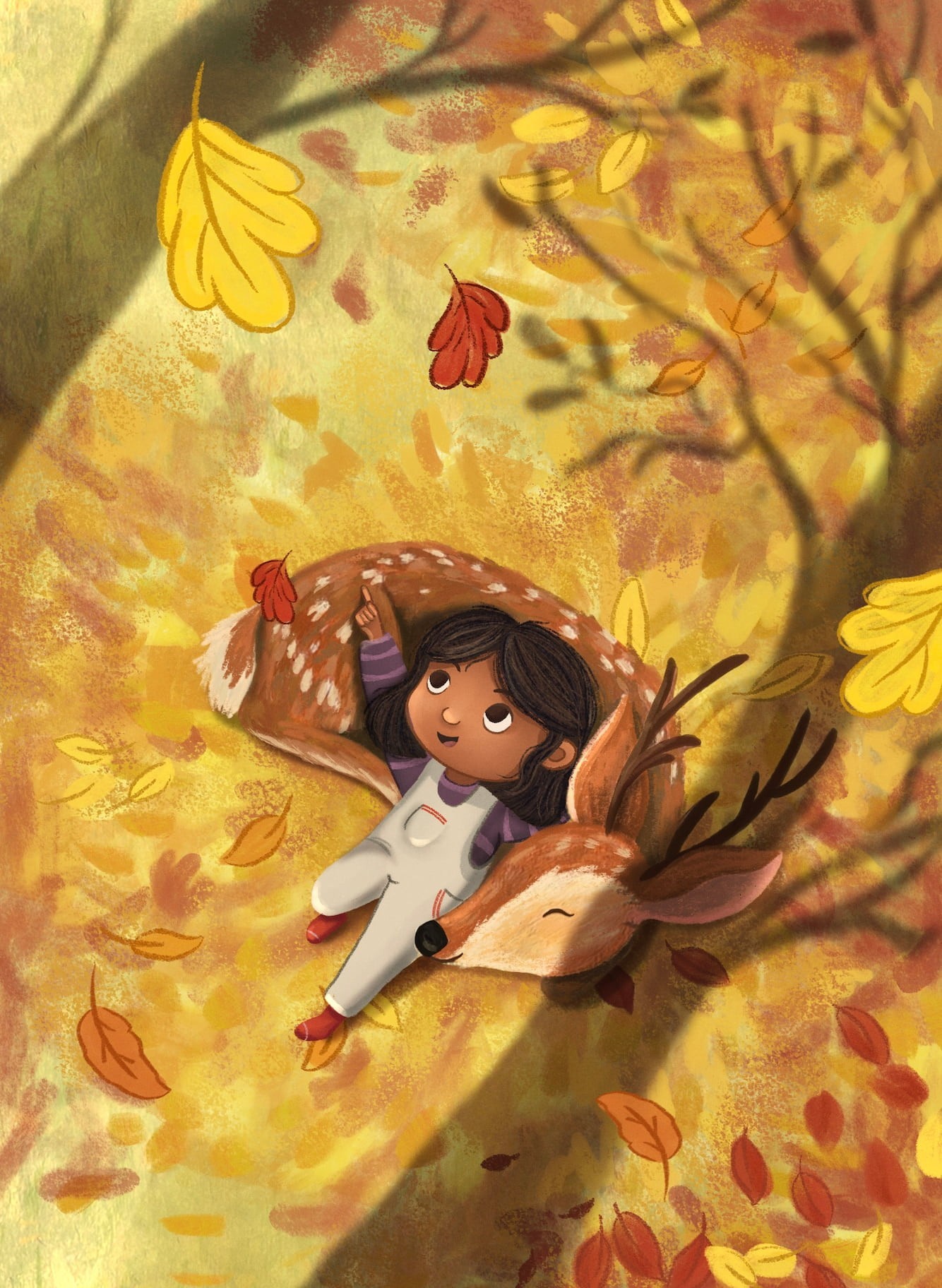 A girl resting on her deer friend while watching autumn leaves fall in the middle of a forest.