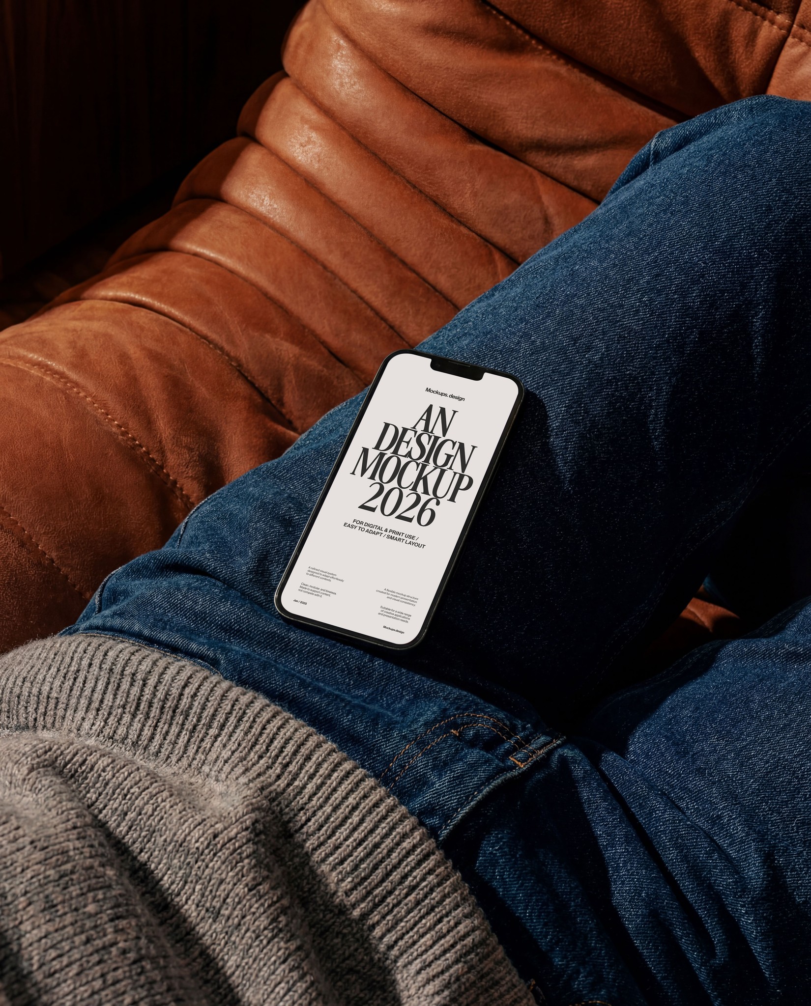 Man using iPhone 16 mockup at home, realistic setting