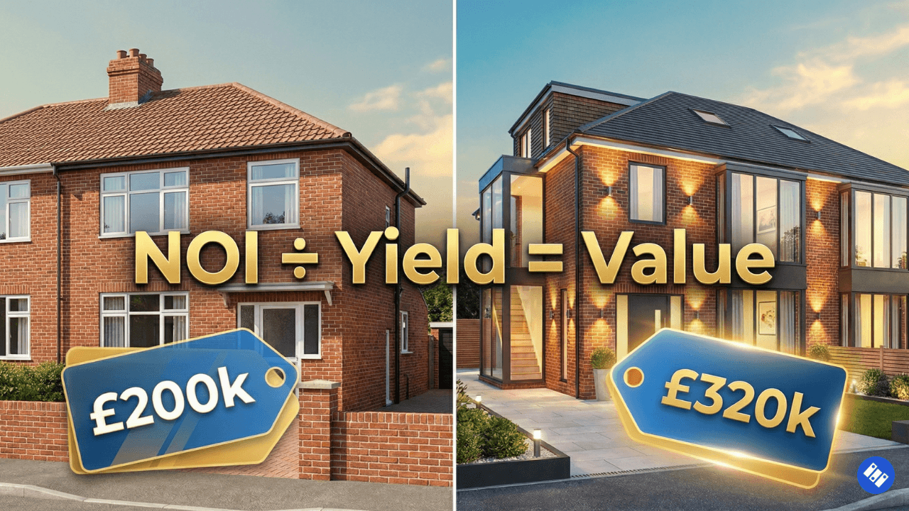 Two property images side-by-side showing residential buildings with NOI yield and value badges (£200k and £320k), titled 'Is Your HMO Undervalued? The Formula Surveyors Use to Down-Value Your Deal' with description text about HMO valuation.
