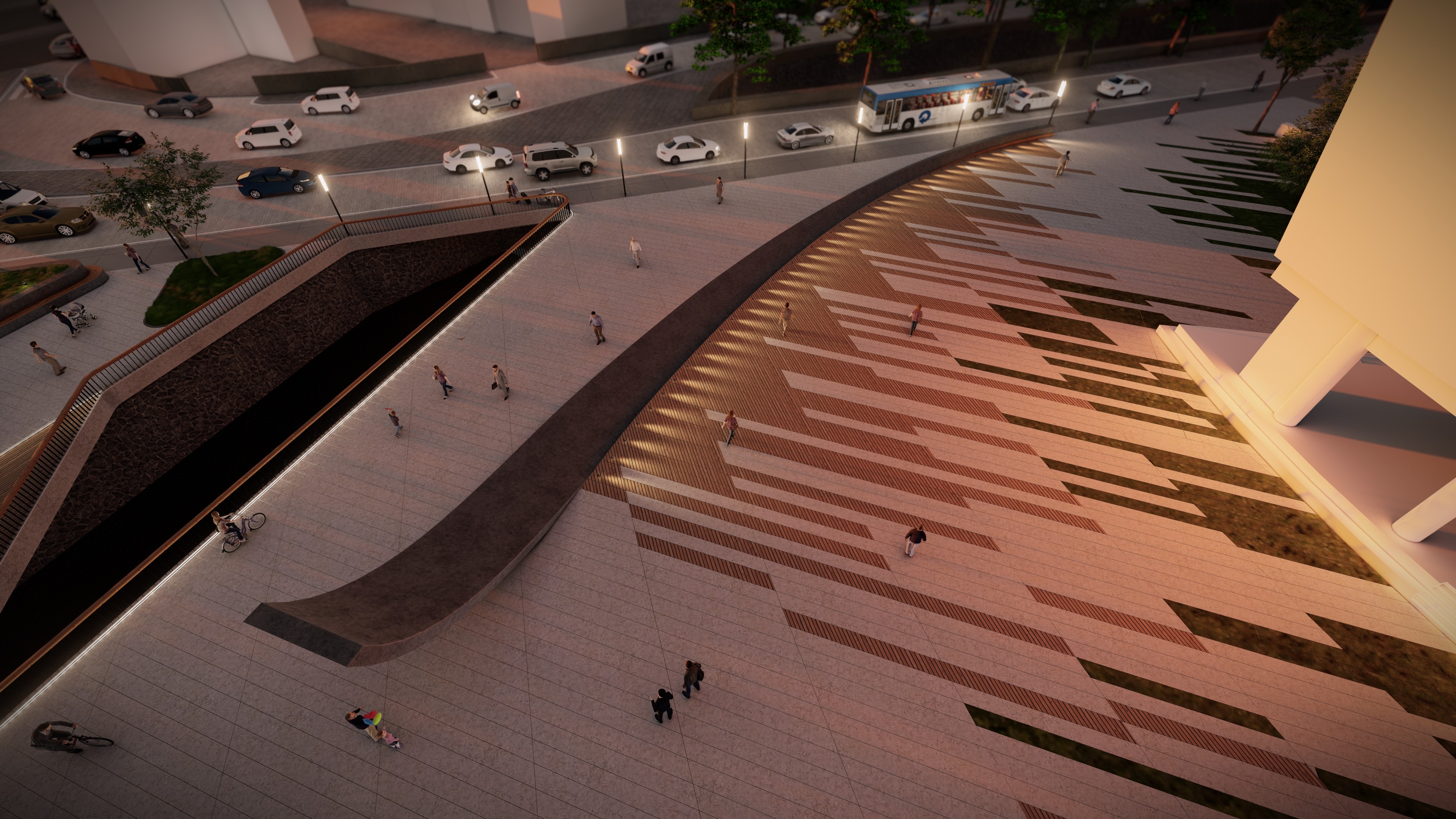 Evening architectural rendering of an urban plaza featuring illuminated pathways, curved concrete elements, wooden textures, and people walking under warm city lights.