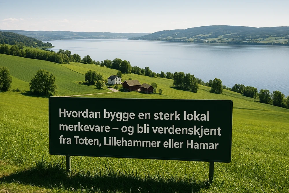 Fotorealistisk landskap med utsikt over Mjøsa en solrik dag. I forgrunnen står et grønt skilt med teksten «Hvordan bygge en sterk lokal merkevare – og bli verdenskjent fra Toten, Lillehammer eller Hamar». I bakgrunnen sees bølgende åser, gårdsbruk og glitrende vann – et symbol på lokal identitet og global ambisjon.