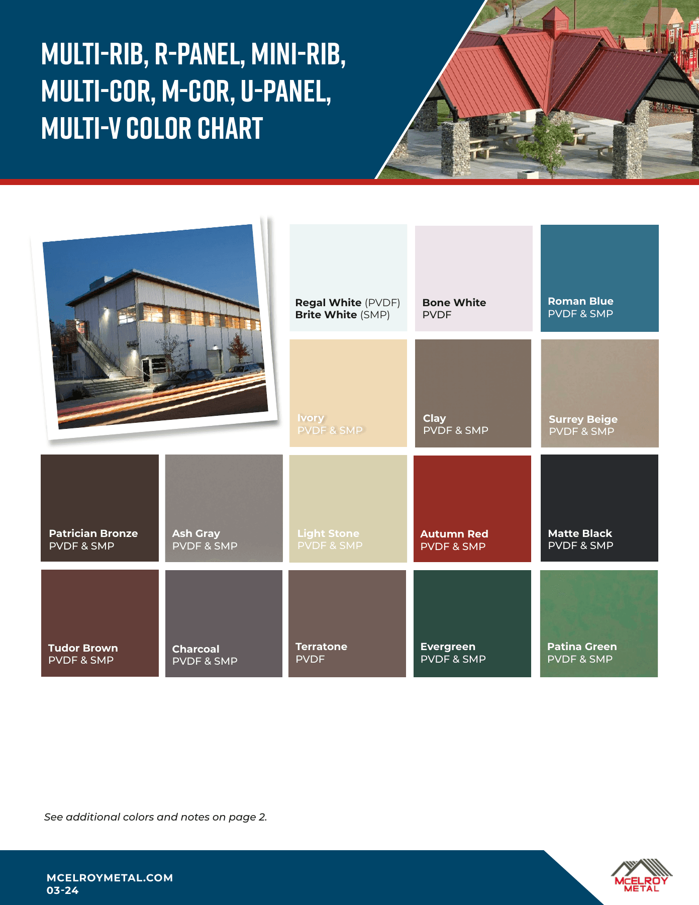 McElroy commercial exposed-fastener color chart with PVDF and SMP labels for R-Panel and corrugated profiles