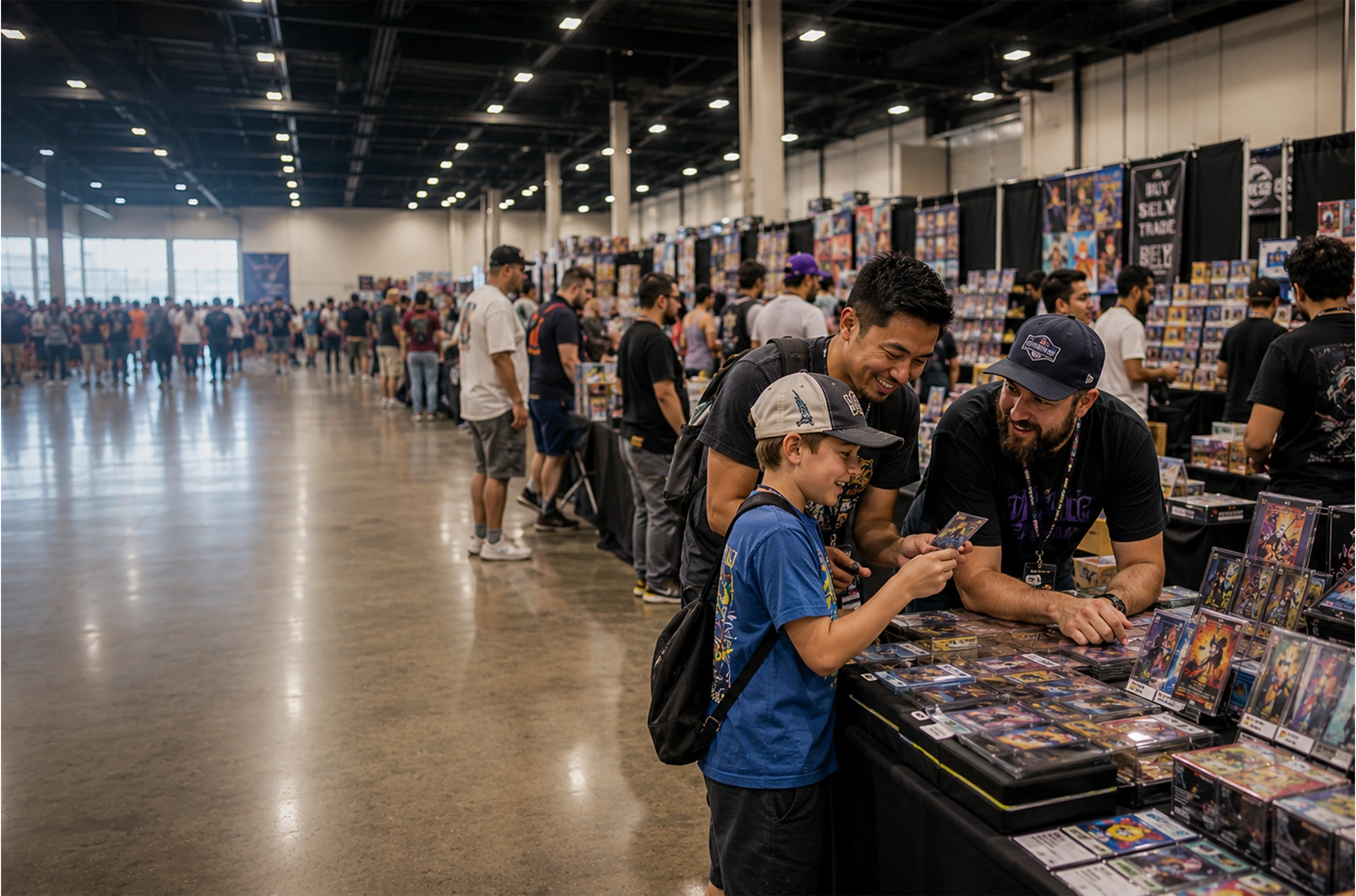 a kid, his father and another enthuasiast are excitedly talking about a card trade or purchase in the middle of a trading card event