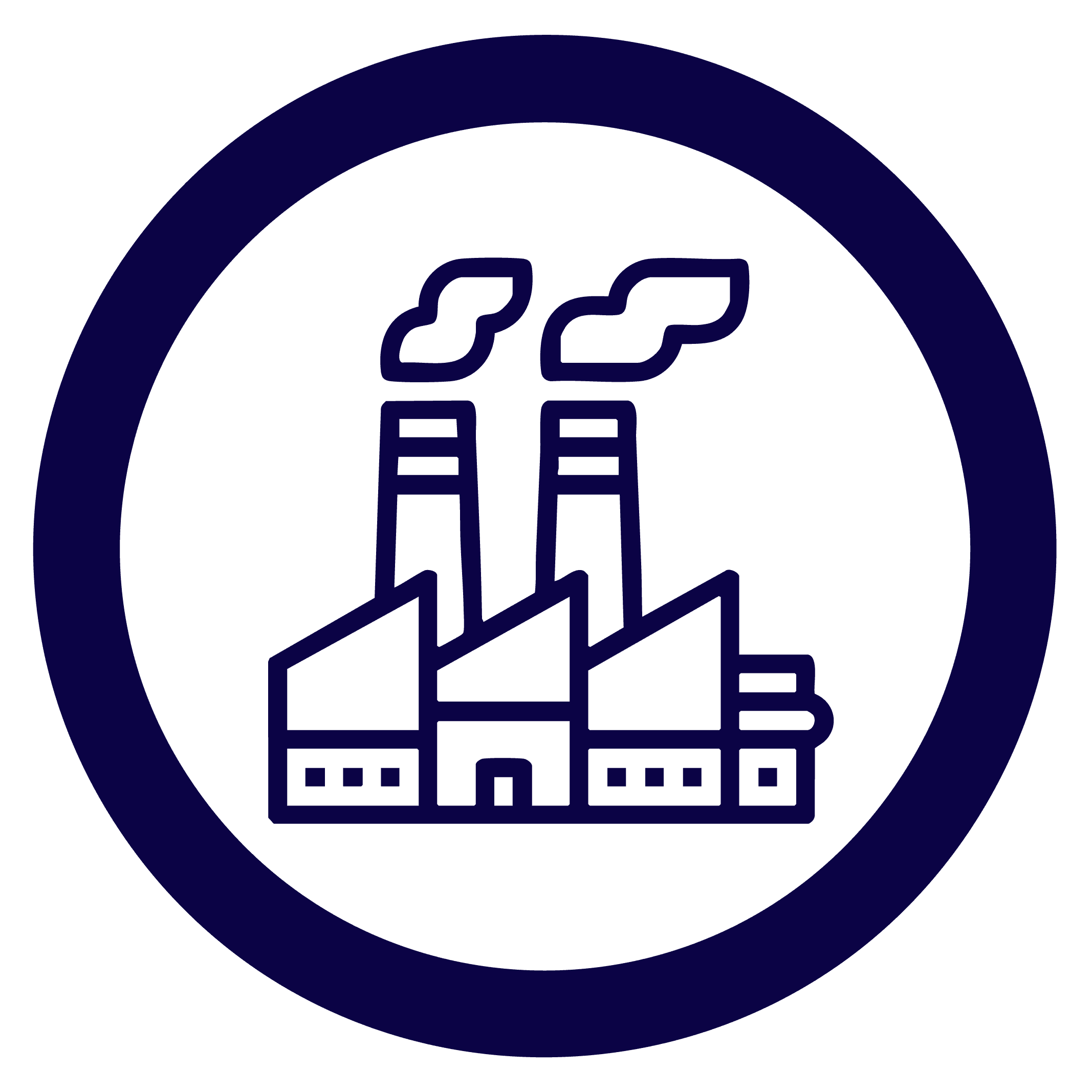 circle icon in blue of a factory with two chimneys and a warehouse