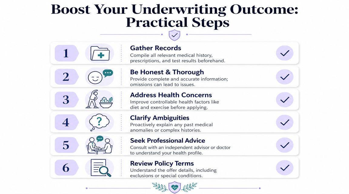 An infographic titled Boost Your Underwriting Outcome outlining six practical steps to improve your medical underwriting process.