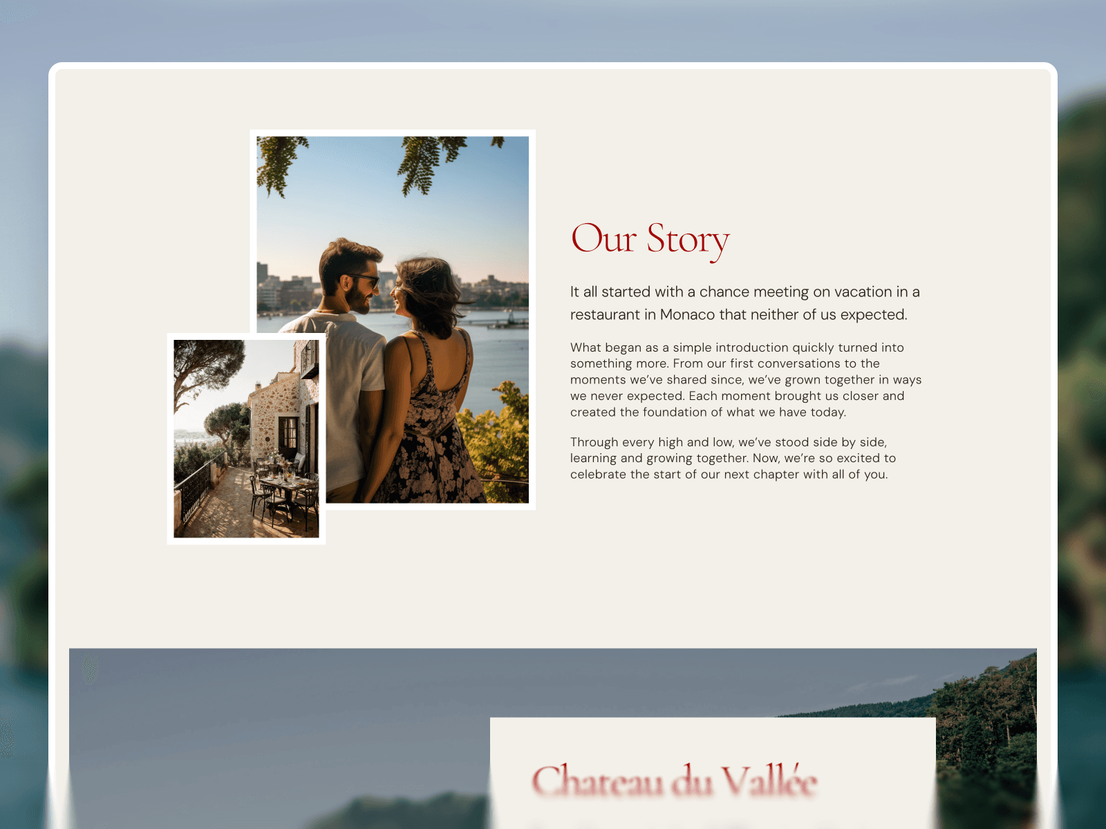 Engaged wedding invitation website template story section