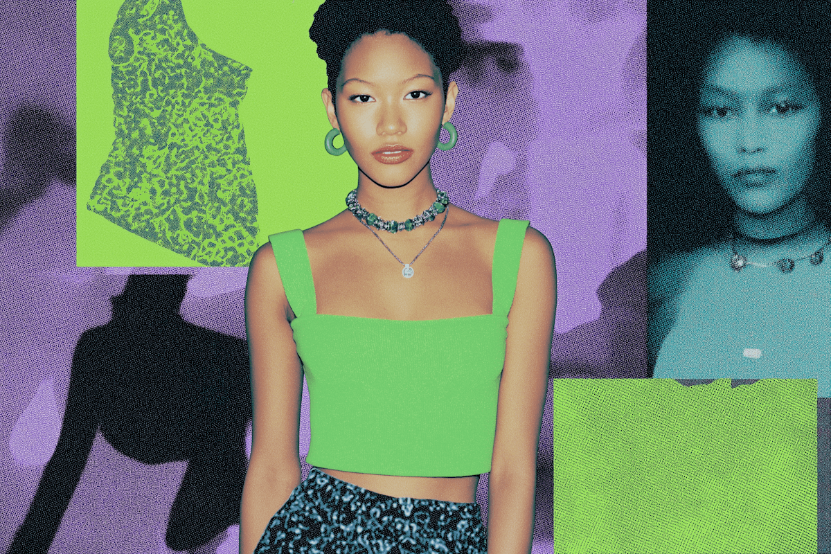 Pop-art fashion collage with a model in a neon-green top against purple and green graphic backgrounds.