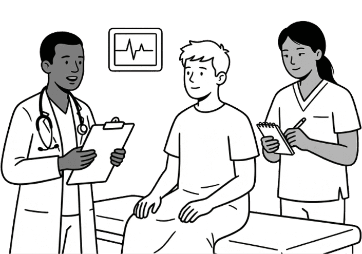 Illustration: a doctor and a nurse speaking with a patient