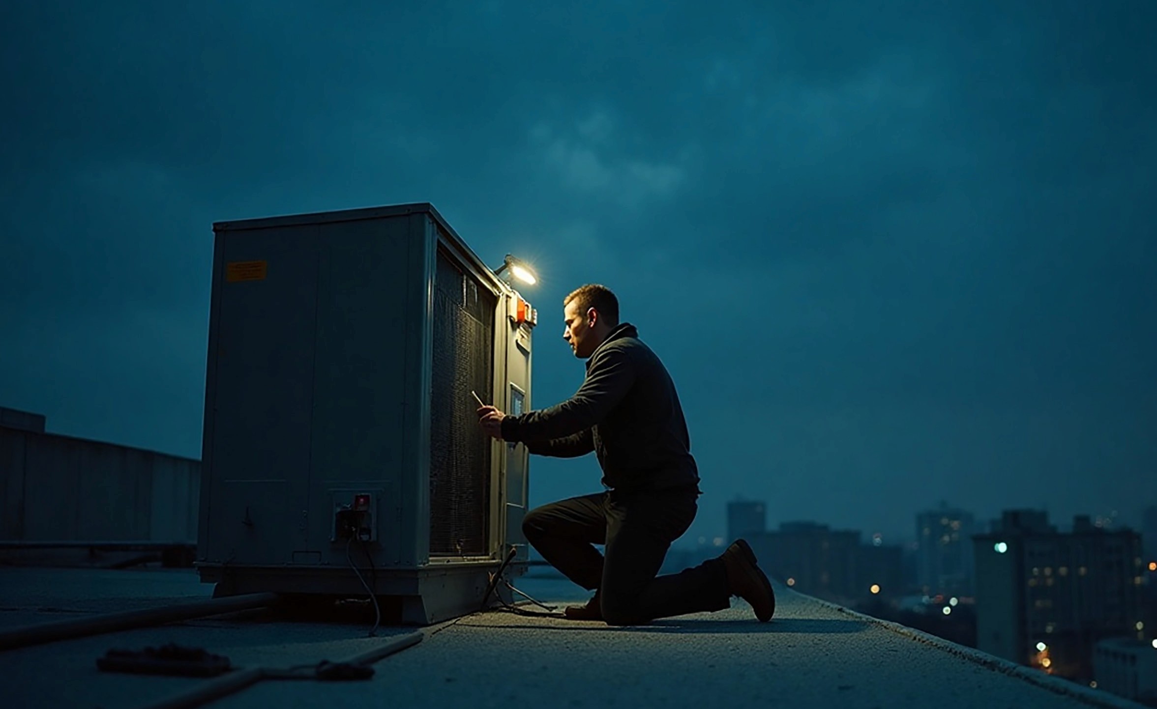 Service tech fixing AC unit on emercgy call during night