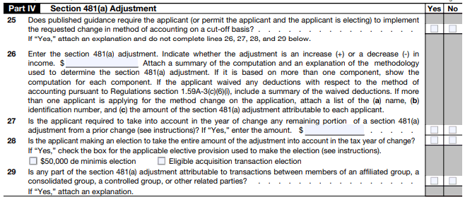 Section 481(a) adjustment calculation for IRS Form 3115 accounting method changes.