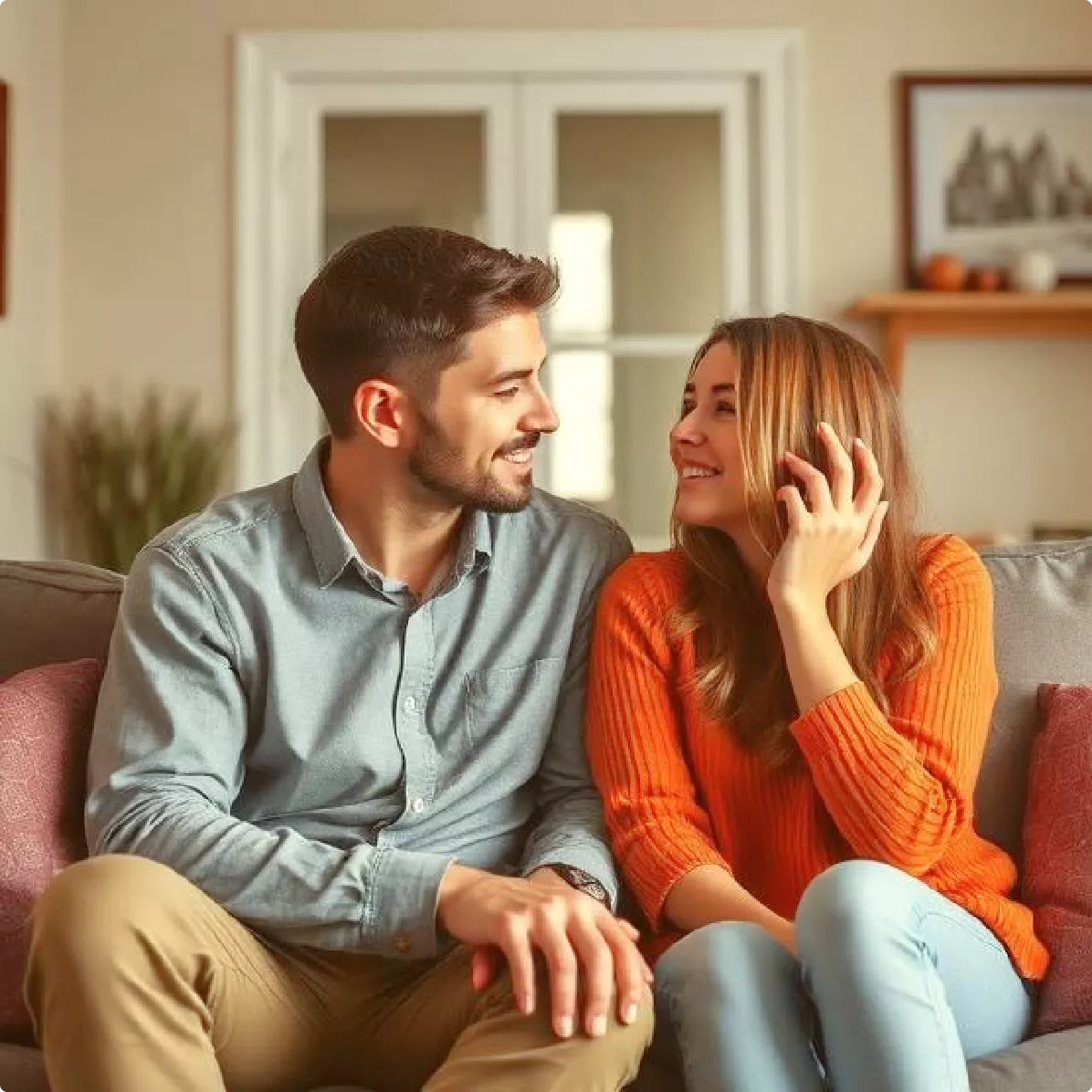Couple on sofa looking and smiling at eachother