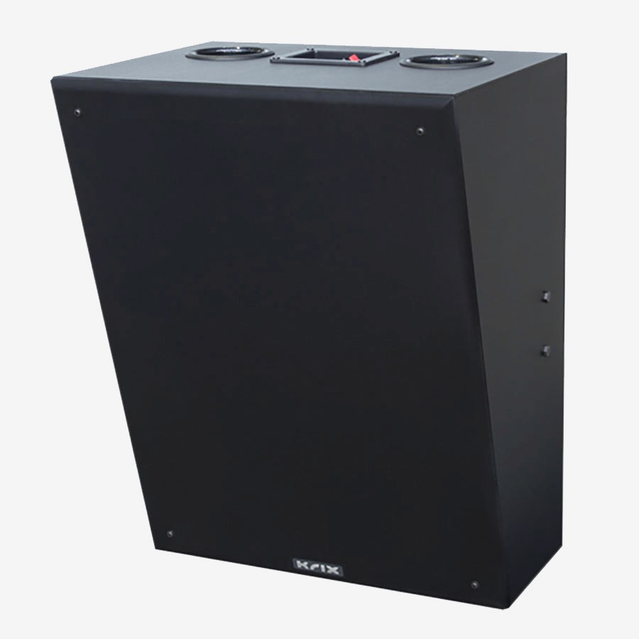 Black speaker on white background with Krix logo