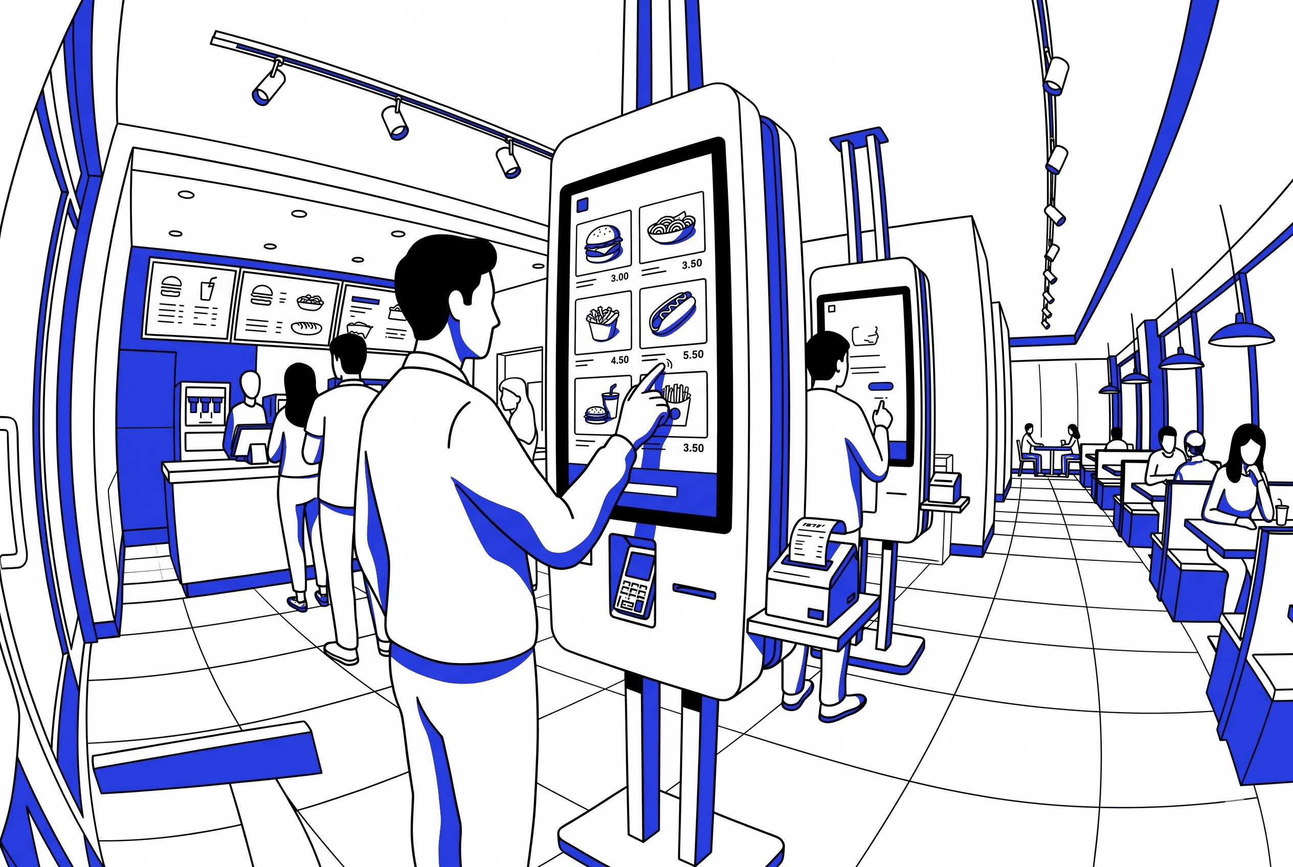 Customer using a self-service ordering kiosk in a restaurant, representing contactless digital ordering systems being adopted by multi-location F&B brands in KSA and UAE