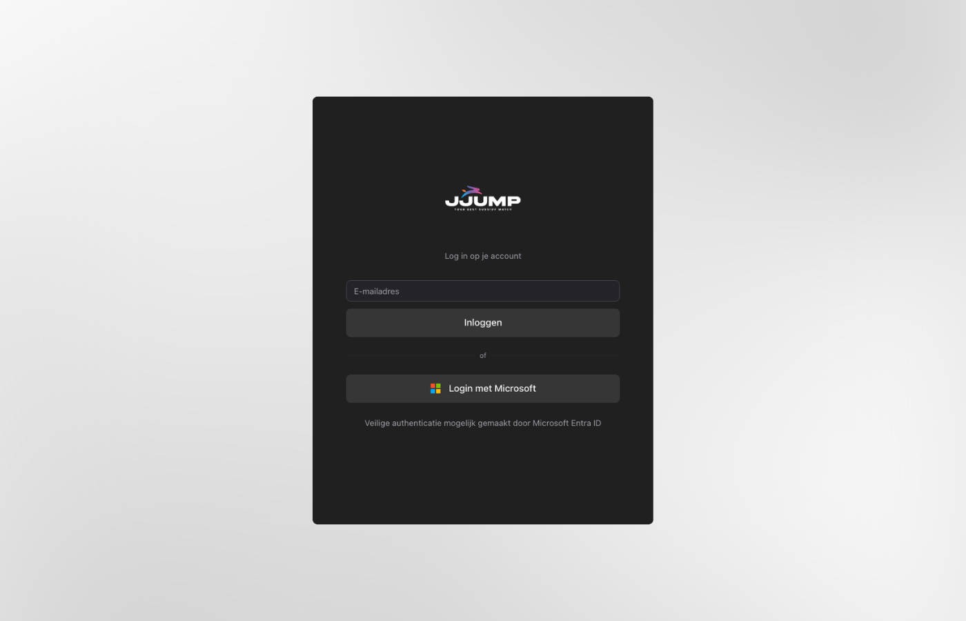 JJUMP inlogpagina met e-mail en Microsoft-authenticatie via Entra ID