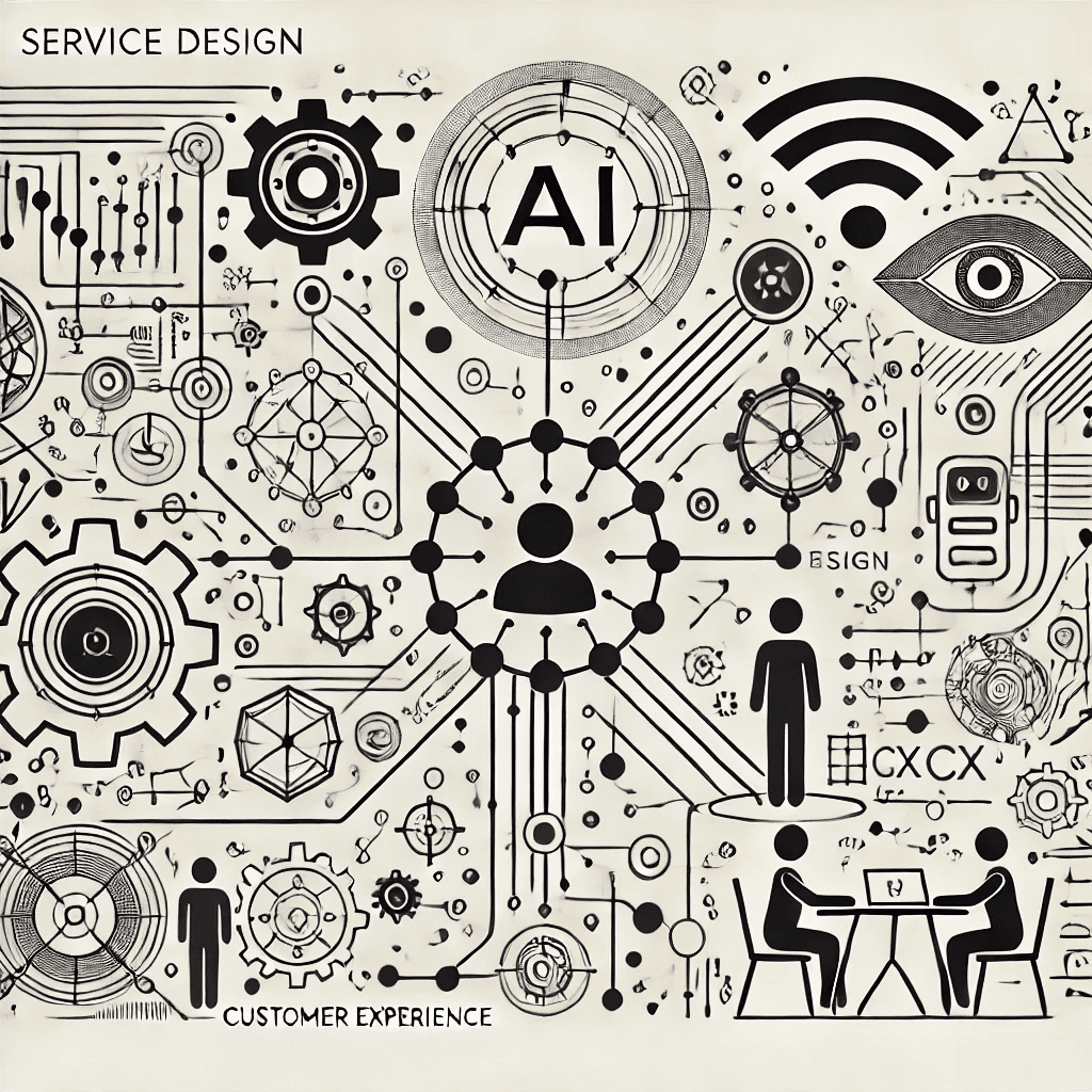 Minimalist black line-drawing of interconnected service design elements: AI-powered systems, user interactions, and strategic workflows illustrating AI integration into holistic customer experiences.