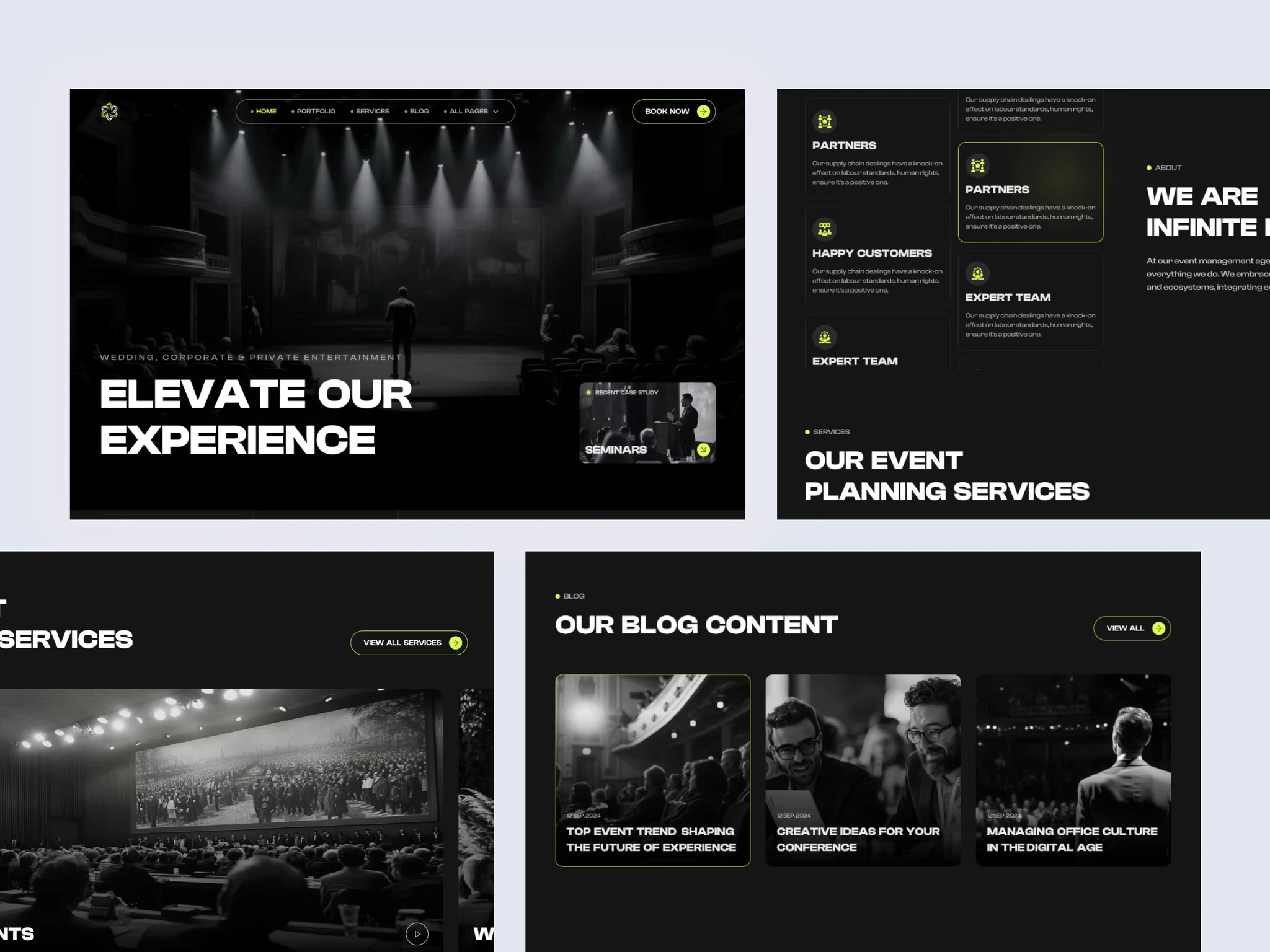 Eventistry event agency Framer template with dark theme featuring hero section, planning services, partners, and blog content