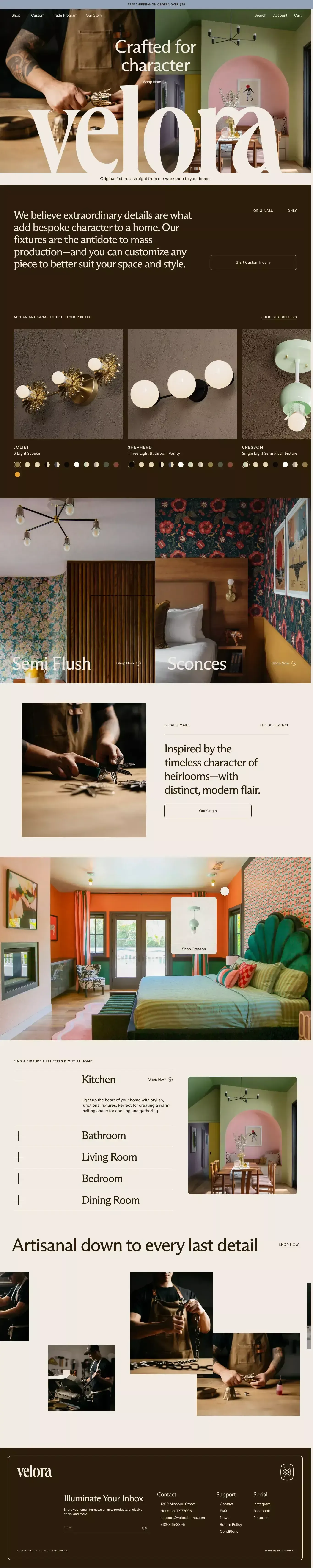 Modern Handmade Light Fixtures portfolio page screenshot showcasing Design and Ecommerce design