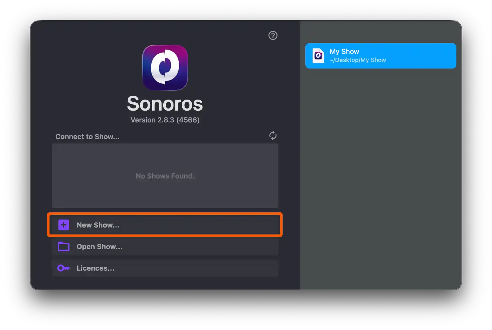 Create a new show from the splash screen