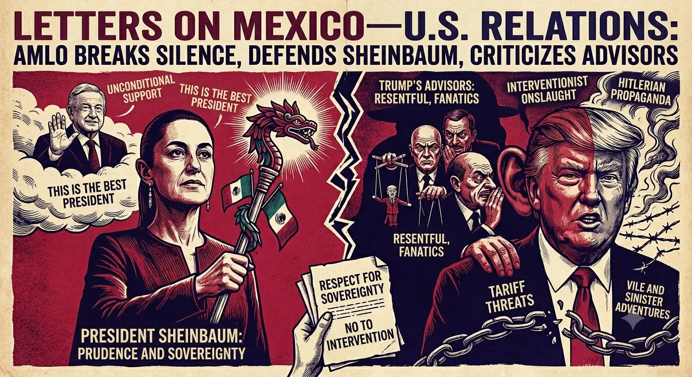 Political poster about Mexico–U.S. relations featuring leaders from both countries and themes of sovereignty, tariffs, and intervention.