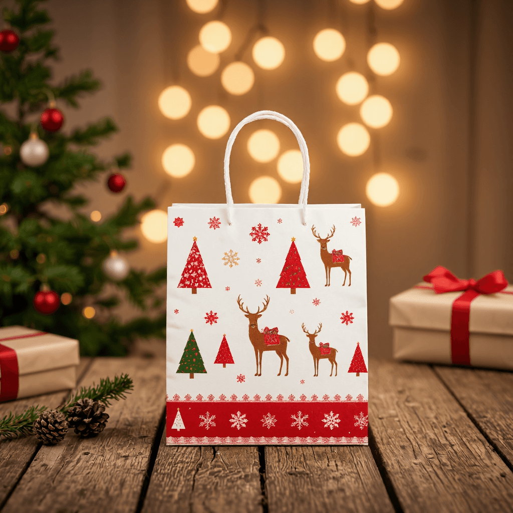 product photography of a decorative gift bag with holiday-themed design