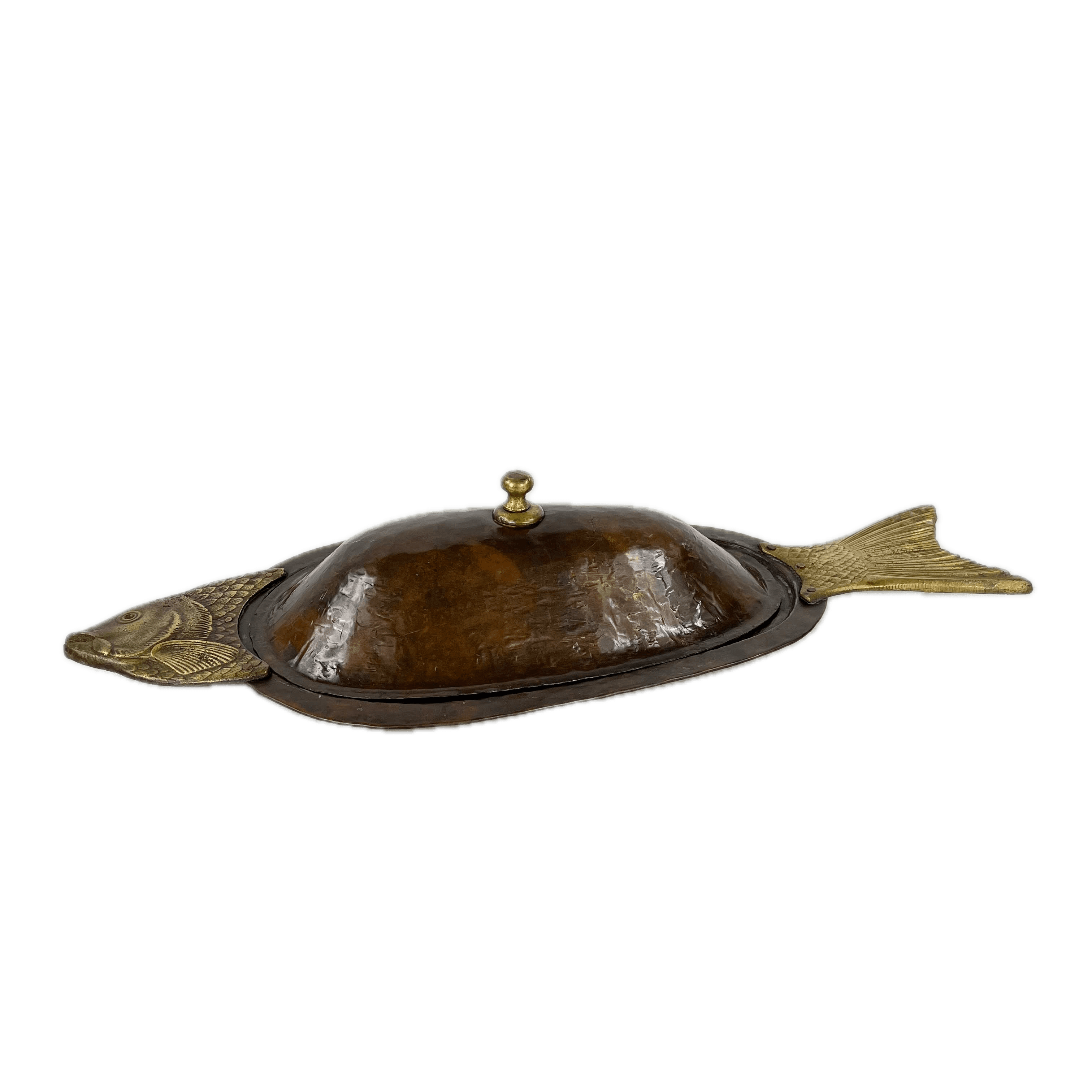 Plato Fuente de Servir Pescado 1950's Cobre Martillado y Latón
