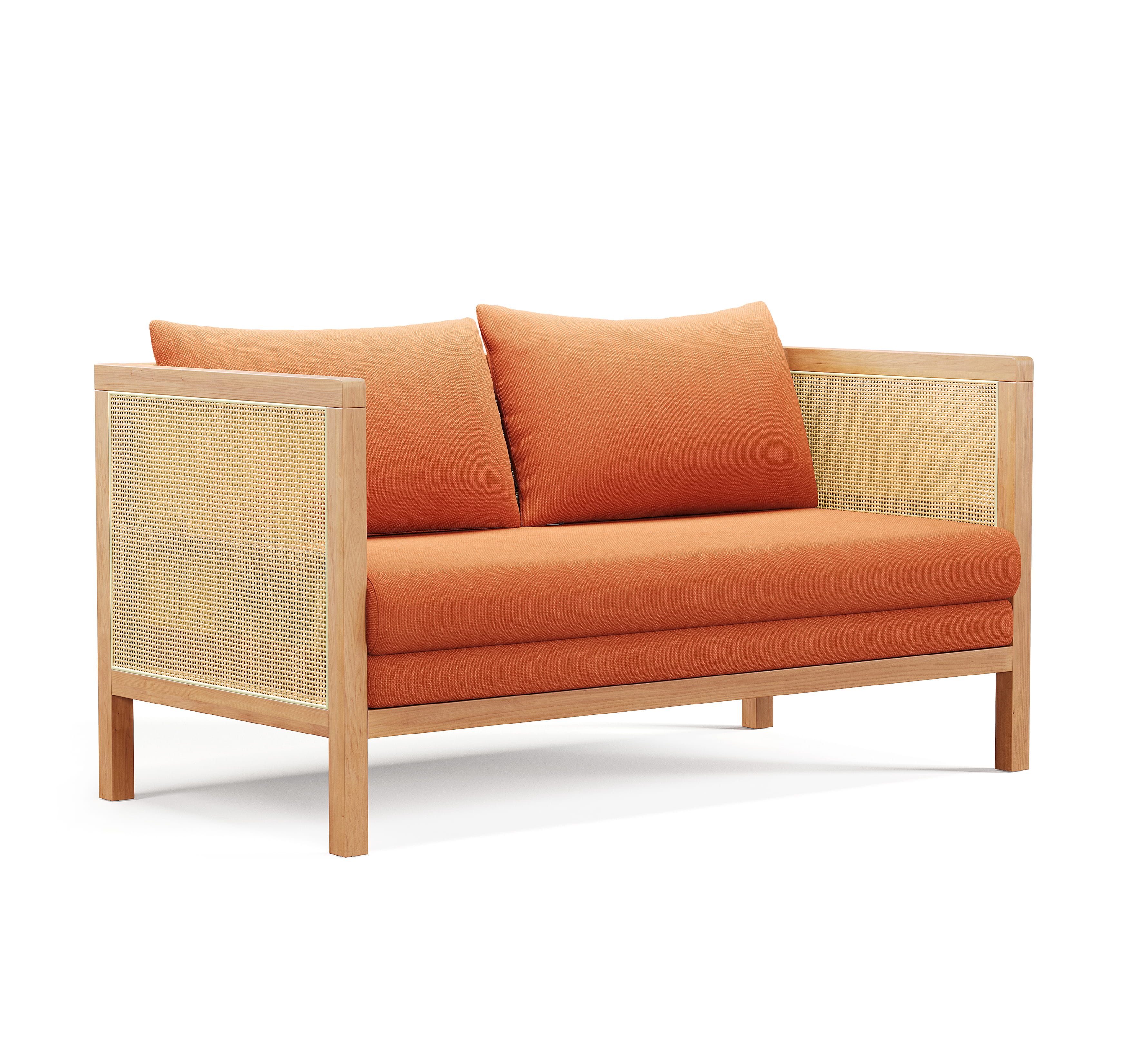 Compact wooden loveseat with cane sides and orange upholstery, front 3D view