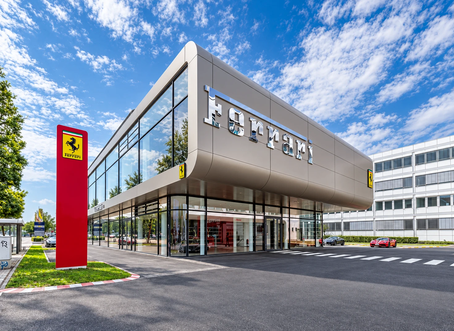 Glass facade of the Ferrari showroom in Germany
