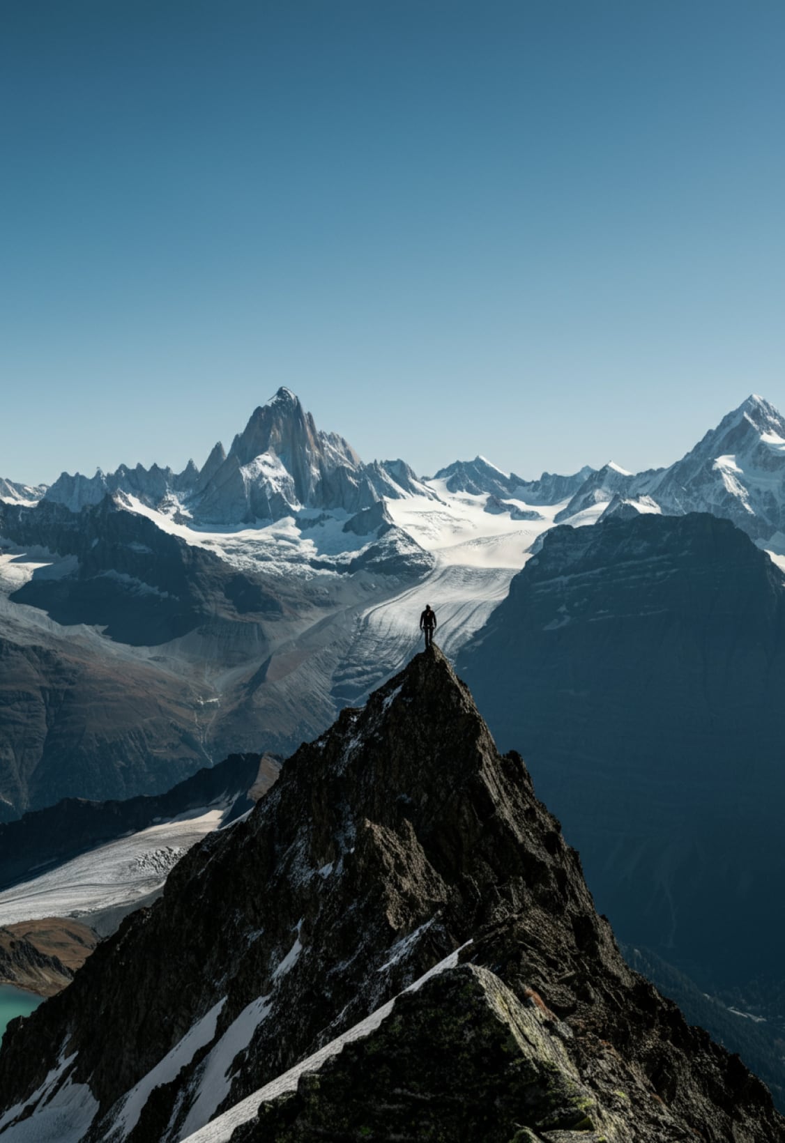 Haute.com - Homme debout au sommet d'une montagne dans les Alpes.