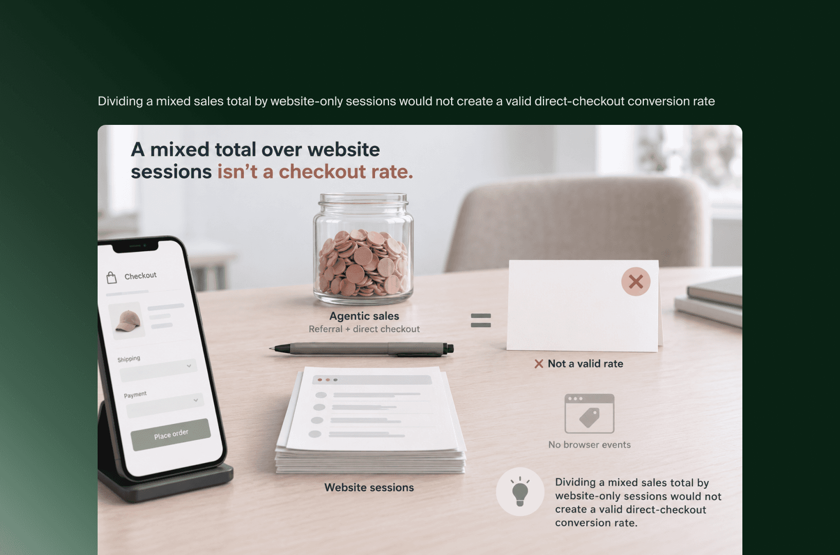 Illustration: agentische Verkäufe über den Meta Checkout geteilt durch Website-Sitzungen ergeben keine gültige Conversion-Rate
