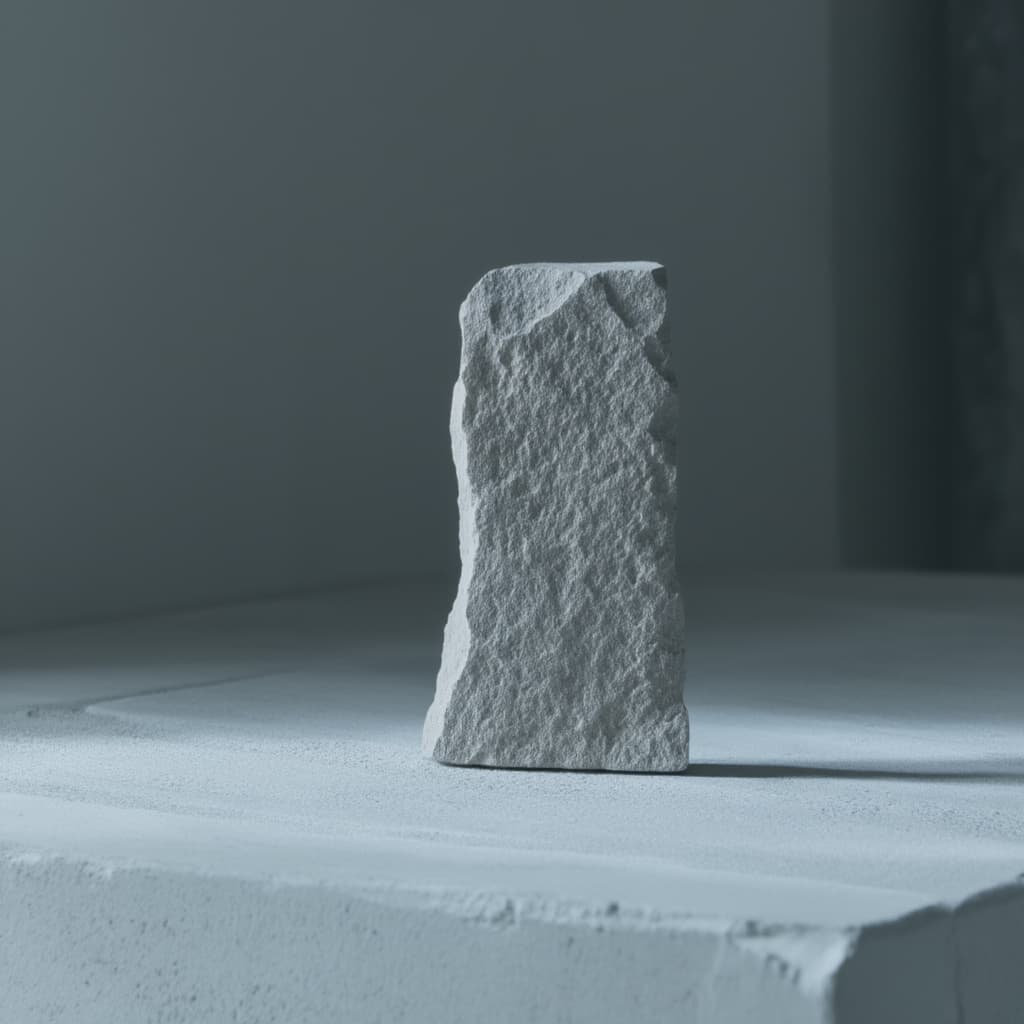 A single, textured limestone block stands on a smooth, white surface, casting a soft shadow, with subtle lighting creating a serene, minimalist atmosphere.