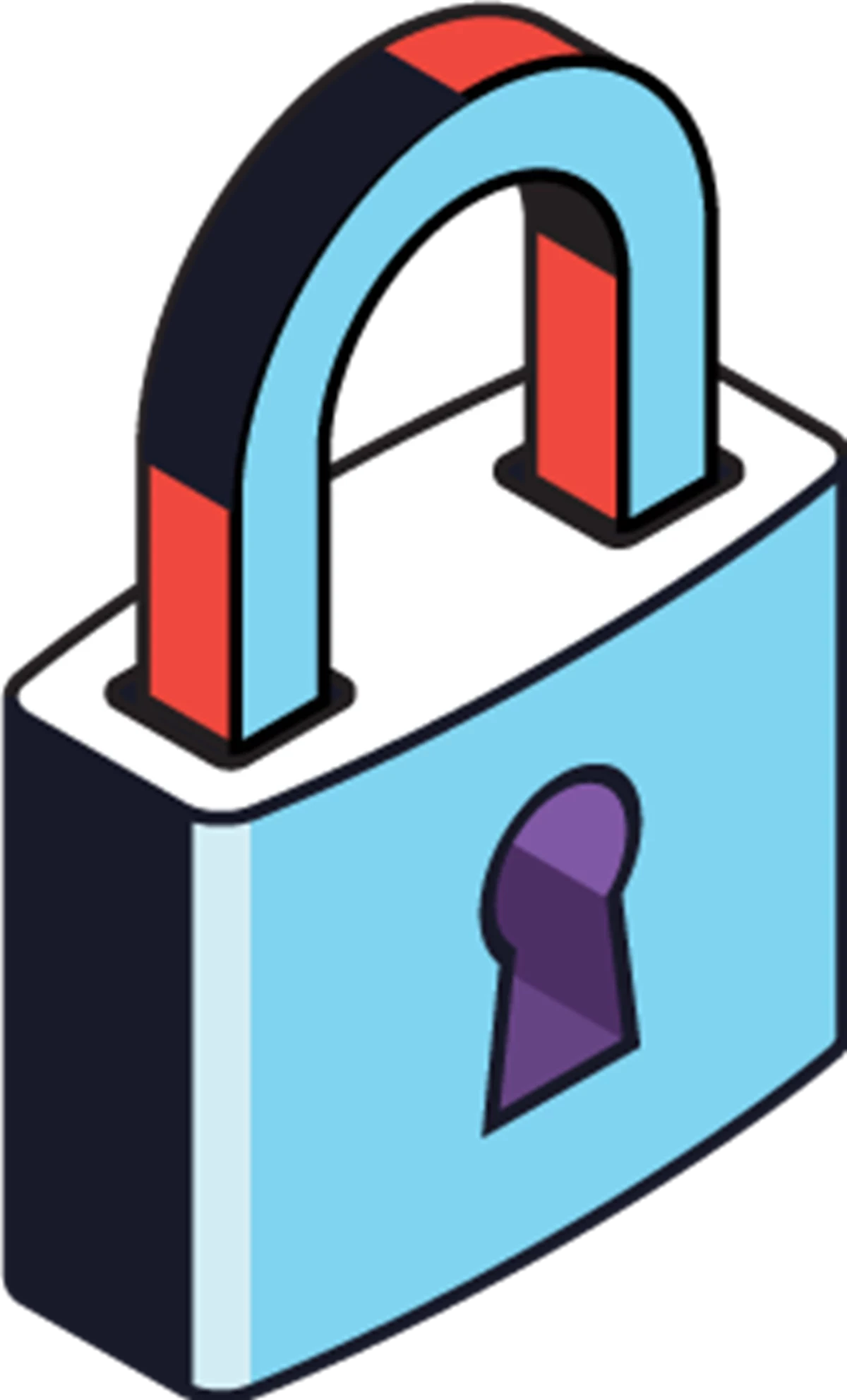 An illustrated padlock with a blue body, purple keyhole, and red-and-black shackle. The design has a clean, modern, cartoon‑style appearance.