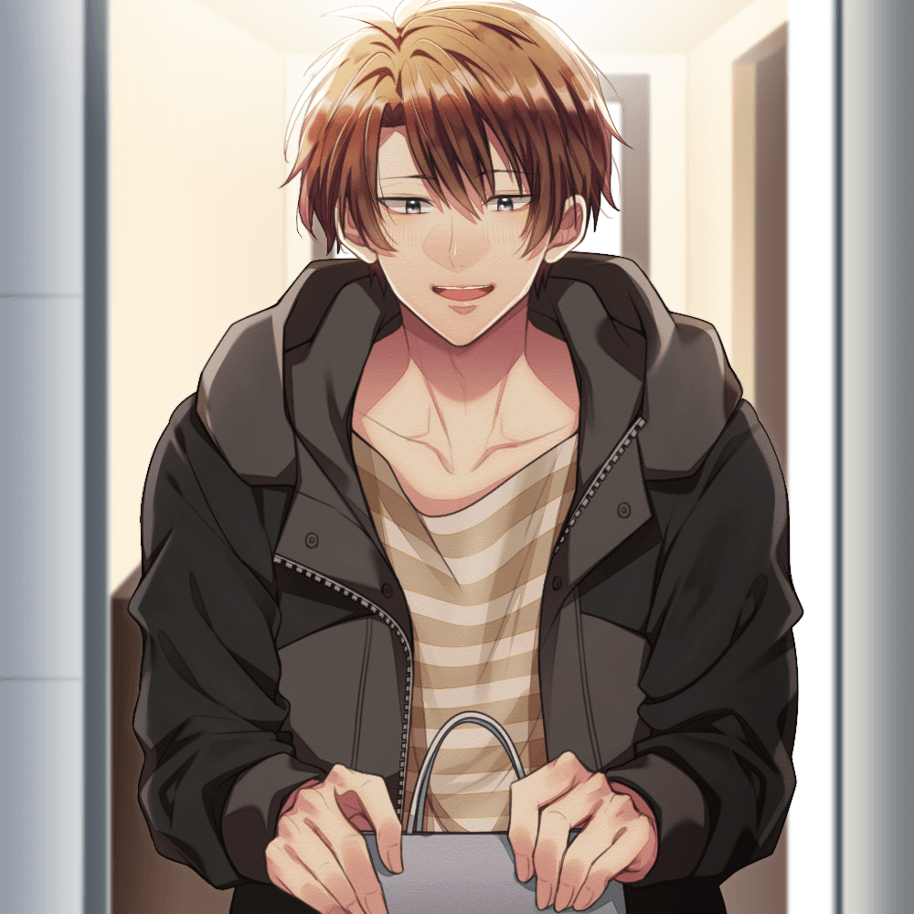 四ノ宮 ハルが玄関の前で紙袋を受け取って嬉しそうに微笑んで紙袋を観ている