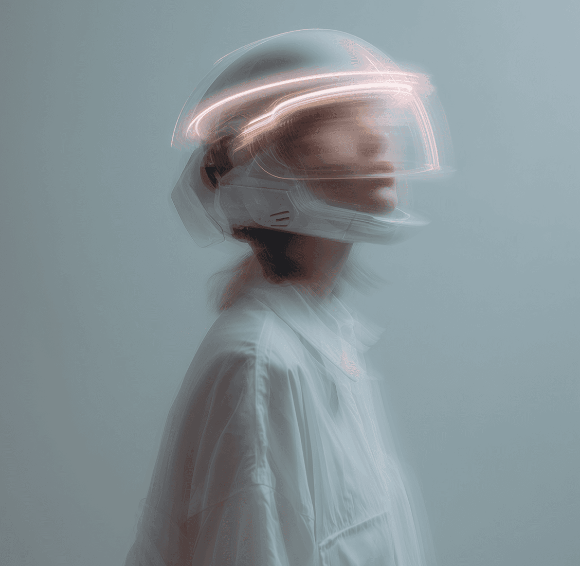  A woman in a helmet with a light trail, suggesting movement or speed in a dynamic outdoor setting.