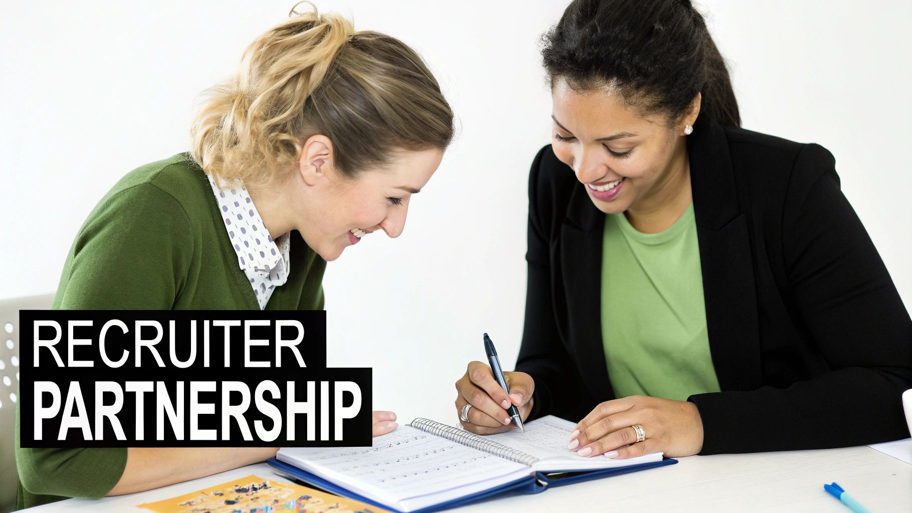 Two smiling women collaborating, one writing notes in a notebook, depicting a recruiter partnership.