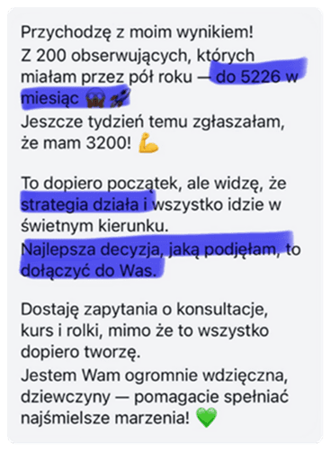 Biznes na Insta – opinia o wyzwaniu publikacji rolek, które pomogło uczestniczce określić niszę, uporządkować komunikację i osiągnąć największe dotąd zasięgi – mimo wcześniejszego udziału w różnych kursach i szkoleniach.